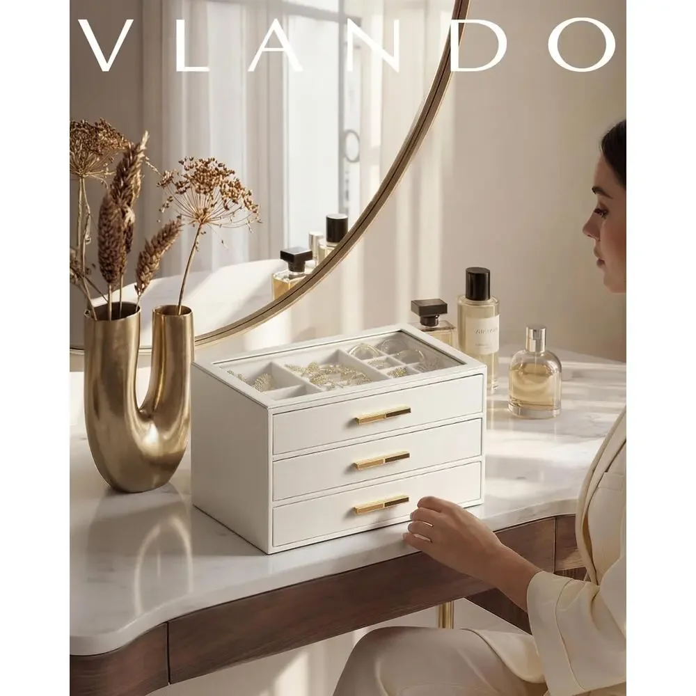 VLANDO Beauty Blooming Jewelry Box Organizer with Glass Lid & Drawers